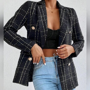 Plaid Double Breasted Tweed Blazer